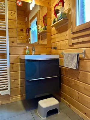Salle de bains dans l'établissement L'Orpin Givré - Chalet Limoselle avec grande mezzanine