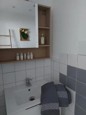 Salle de bains dans l'établissement Appart' DuChatelain lumineux, vue sur château