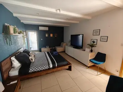 Télévision ou salle de divertissement dans l'établissement Suite 2 lits Auberge du Manala Hôtel 24 24 proche Basel