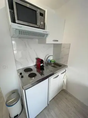 Cuisine ou kitchenette dans l'établissement Esprit Violet - Joli Studio Salengro - Sauna & Sport club