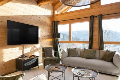 Télévision ou salle de divertissement dans l'établissement Chalet Tharkey, luxueux au coeur des sapins