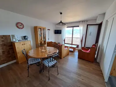 Télévision ou salle de divertissement dans l'établissement Appartement résidence Les Dryades avec vue montagne