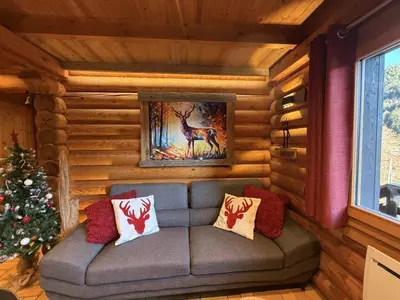 Coin salon dans l'établissement LE GRAND CERF Chalet en rondins avec SPA Jacuzzi