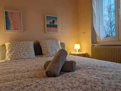 Un ou plusieurs lits dans un hébergement de l'établissement Le Bâlois - appartement 2 chambres, salon, cuisine équipée, parking et wifi gratuit
