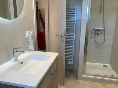 Salle de bains dans l'établissement Gite Le Clocher à Beblenheim Parking privé