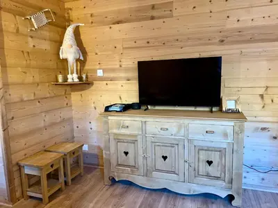 Télévision ou salle de divertissement dans l'établissement Gîte 2 à 8 personnes style chalet avec garage privé et jardin