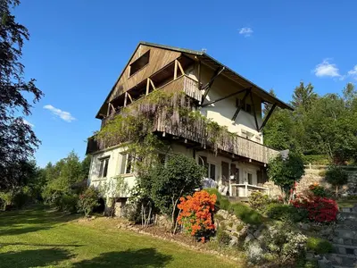 Jardin de l'établissement Gérardmer chalet le Belvédere vue lac, piste de ski