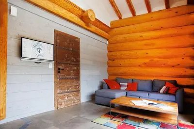 Télévision ou salle de divertissement dans l'établissement Original chalet en rondins, l'Ours Canadien