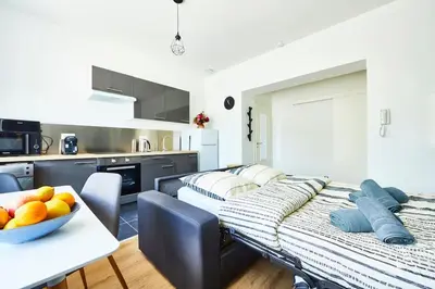 Cuisine ou kitchenette dans l'établissement 2 pièces cosy, tram en face, Wi-Fi rapide