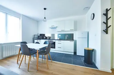 Cuisine ou kitchenette dans l'établissement Bel appartement cosy, tram au pied du logement