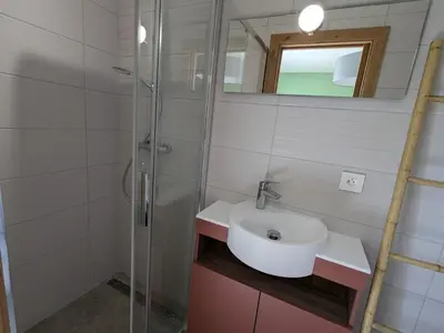 Salle de bains dans l'établissement Gîte Montagne avec Piscine Chauffée, Spa et Sauna - Les Roches - FR-1-589-656