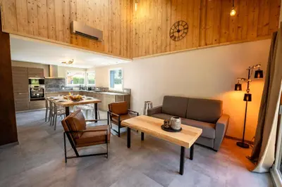 Coin salon dans l'établissement Chalet némésia avec spa à Gérardmer