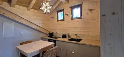 Cuisine ou kitchenette dans l'établissement L'Or du Lac