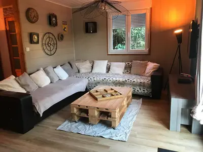 Coin salon dans l'établissement Villa 1950 piscine et spa- Gérardmer - terrain entièrement clos pour animaux