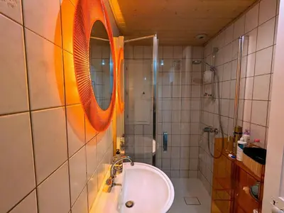 Salle de bains dans l'établissement Appartement rénové avec jardin, parking et WiFi à Gérardmer - FR-1-589-678