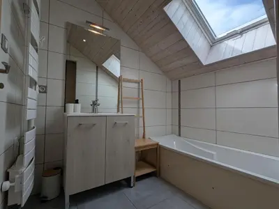 Salle de bains dans l'établissement Appartement lumineux 3 chambres, terrasse, proche commerces et ski, avec WiFi - FR-1-589-677