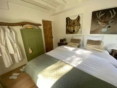 Un ou plusieurs lits dans un hébergement de l'établissement Gîte Rénové en bordure de forêt