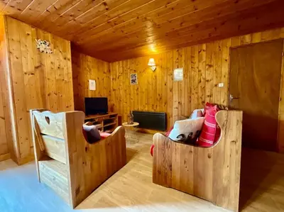 Télévision ou salle de divertissement dans l'établissement Le Grand Aigle, bel appartement style chalet