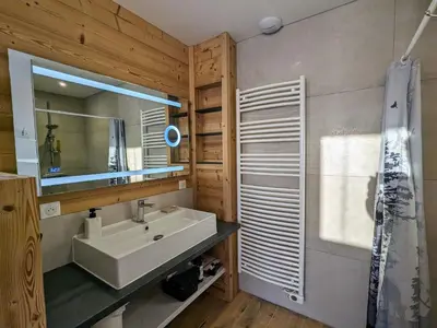 Salle de bains dans l'établissement Chalet Nature avec Sauna et WIFI près Gérardmer - FR-1-589-777