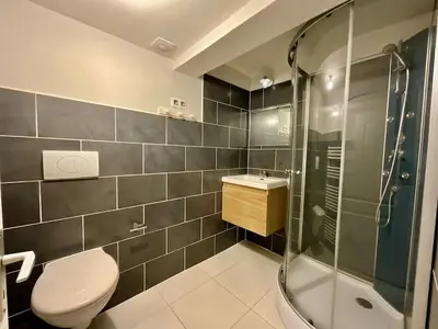 Salle de bains dans l'établissement La Roche du Rain, bel appartement & centre-ville