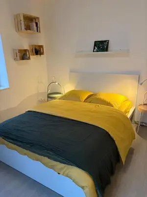 Un ou plusieurs lits dans un hébergement de l'établissement Le Nid de Louise, studio Mulhouse avec terrasse