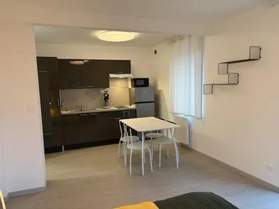 Cuisine ou kitchenette dans l'établissement Le Nid de Louise, studio Mulhouse avec terrasse