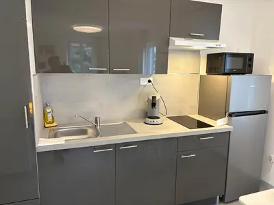 Cuisine ou kitchenette dans l'établissement Le Nid de Louise, studio Mulhouse avec terrasse