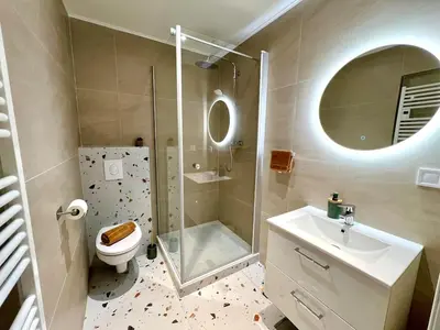 Salle de bains dans l'établissement La Poulie - Apartment with Balcony and Free Privative Parking - Close to Colmar