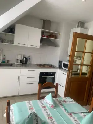 Cuisine ou kitchenette dans l'établissement Gîte rose