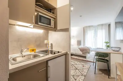 Cuisine ou kitchenette dans l'établissement Le Kennedy Studio Centre Mulhouse 3 Pers