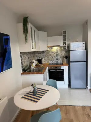 Cuisine ou kitchenette dans l'établissement Le Bleu Marine, grand studio au calme, à 2 pas du lac !