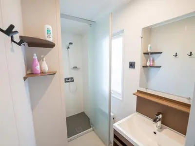 Salle de bains dans l'établissement Mobil-home de 26m² avec terrasse pour 4 personnes - API-1-52-556