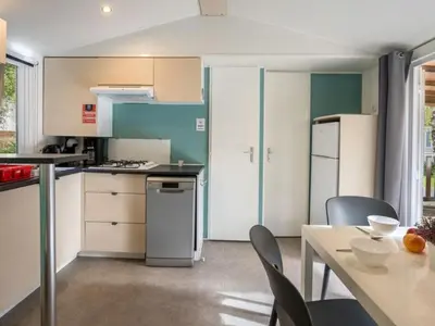 Cuisine ou kitchenette dans l'établissement Mobil home avec terrasse au camping à Granges-Aumontzey - API-1-52-299