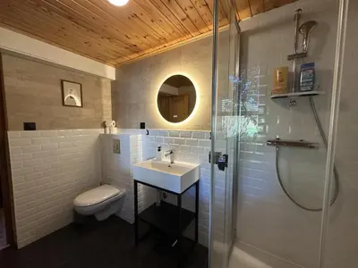 Salle de bains dans l'établissement Chalet du Grand Arbre