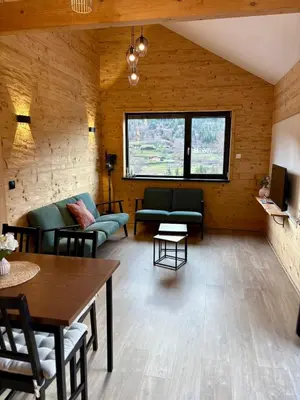 Coin salon dans l'établissement Chalet Iris, spa privatif, 4p