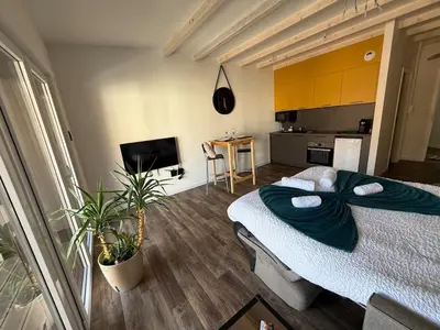 Télévision ou salle de divertissement dans l'établissement Studio lumineux avec terrasse