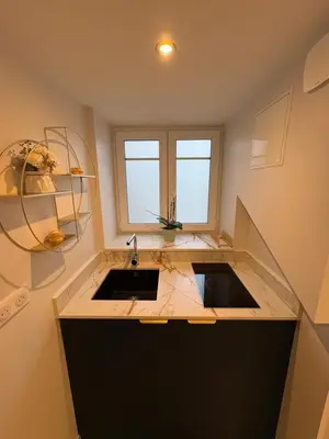 Cuisine ou kitchenette dans l'établissement Studio neuf élégant Proche gare Mulhouse