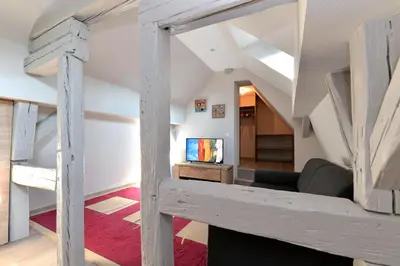 Un ou plusieurs lits dans un hébergement de l'établissement Le Dolder Gîte de Luxe classé 4 étoiles au coeur des remparts de Riquewihr - Animaux de compagnie acceptés
