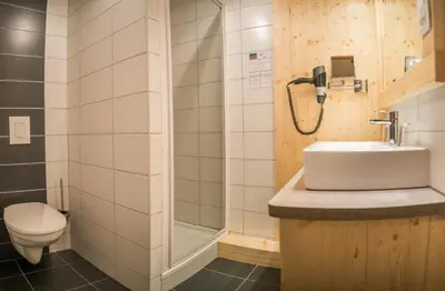 Salle de bains dans l'établissement Logis Hôtel Le Vétiné