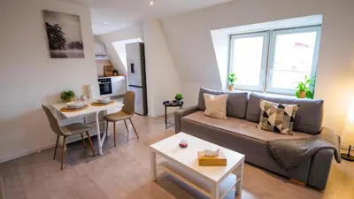 Coin salon dans l'établissement Le 4 - Très beau appartement T3 Neuf, tout confort, Mulhouse centre ville - stationnement gratuit