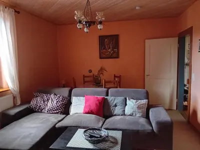 Coin salon dans l'établissement appartement spacieux dans joli village alsacien