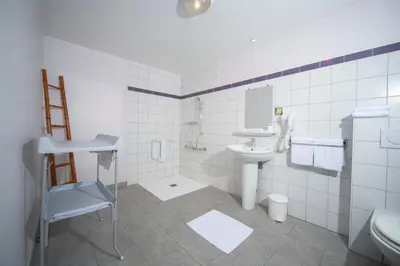 Salle de bains dans l'établissement Logis Hôtel & Restaurant Au Lion d'Or