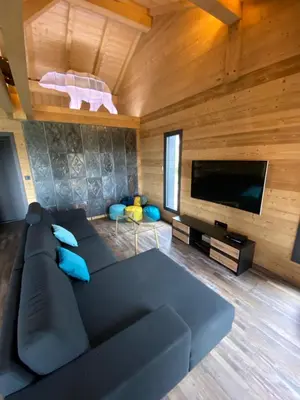 Télévision ou salle de divertissement dans l'établissement L'ADRET DU TEMPS CHALET 10 PERSONNES 170m2