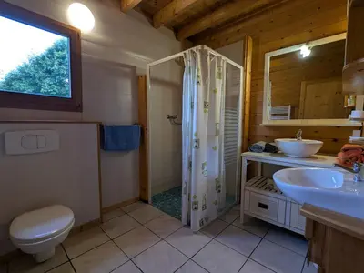 Salle de bains dans l'établissement Chalet spacieux près de Gérardmer avec terrasse, verger et activités montagne - FR-1-589-121