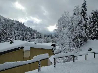 L'établissement Studio sous les pistes avec vue sur la vallée en hiver