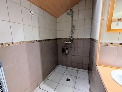 Salle de bains dans l'établissement Charmant meublé au calme, proche cascades, randos, chevaux, parking et terrasse privée, WiFi gratuit - FR-1-589-365
