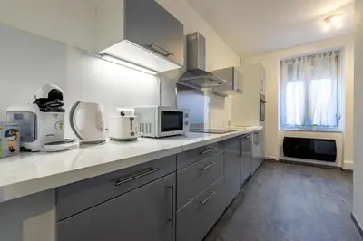 Cuisine ou kitchenette dans l'établissement Appart'hotel de la Roseraie