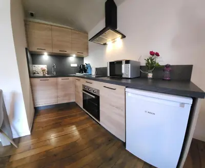 Cuisine ou kitchenette dans l'établissement Gite Myrtille 2 à 6 personnes avec SPA et salle de jeux dans la Residence