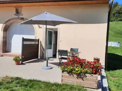 Jardin de l'établissement Charmant gîte en montagne, 3 étoiles, proche randonnées et Alsace, tout confort avec terrasse. - FR-1-589-391