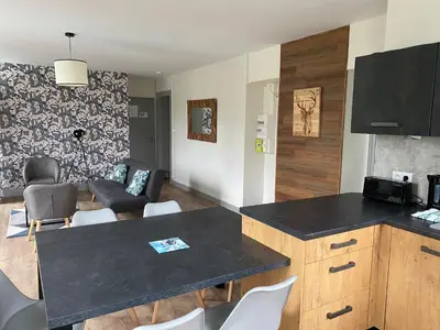 Cuisine ou kitchenette dans l'établissement Les 4 flocons à 100m lac et du centre ville , wifi, parking, piscine ouverte dès le 1er mai